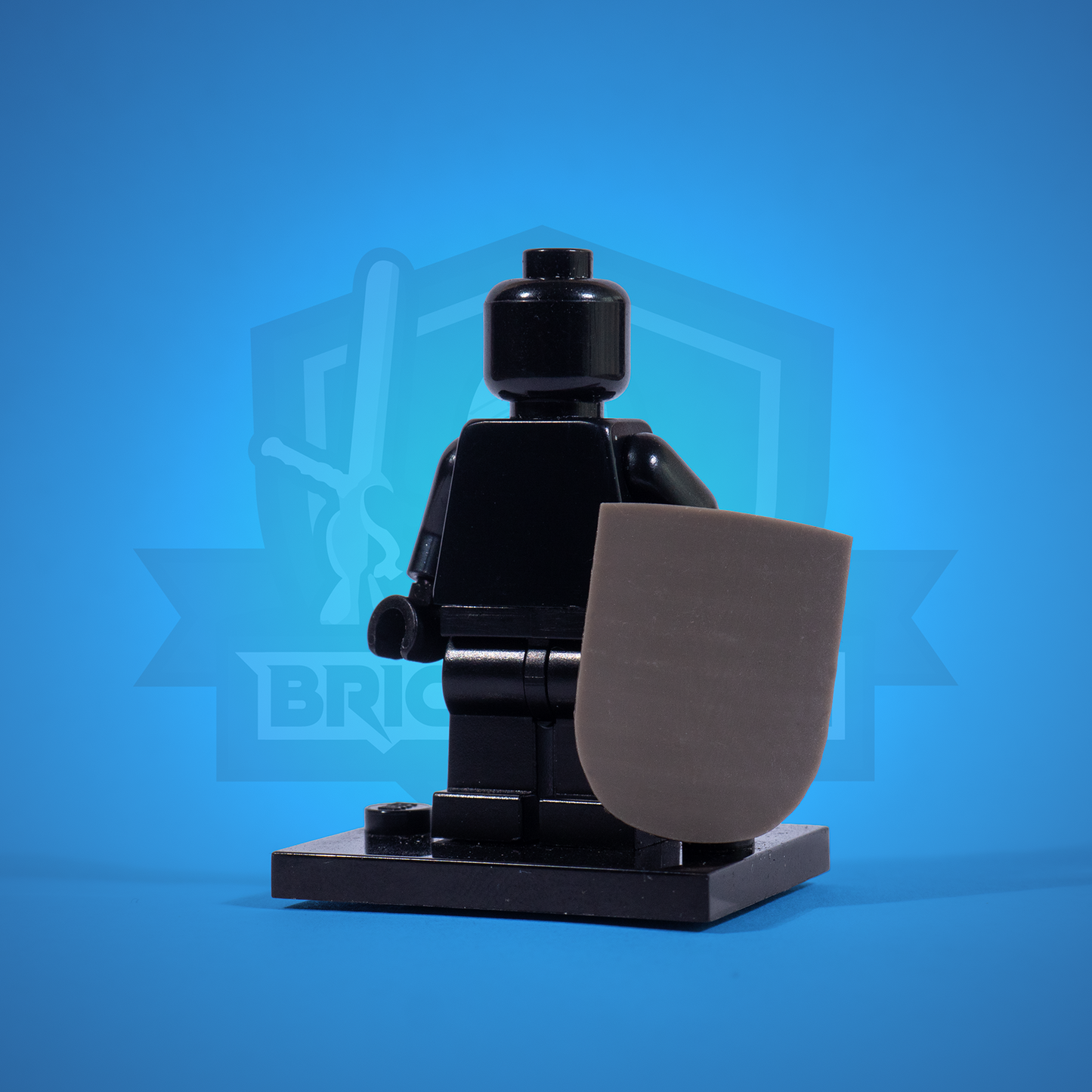Black LEGO figure with a base brown Heater shield on a blue background