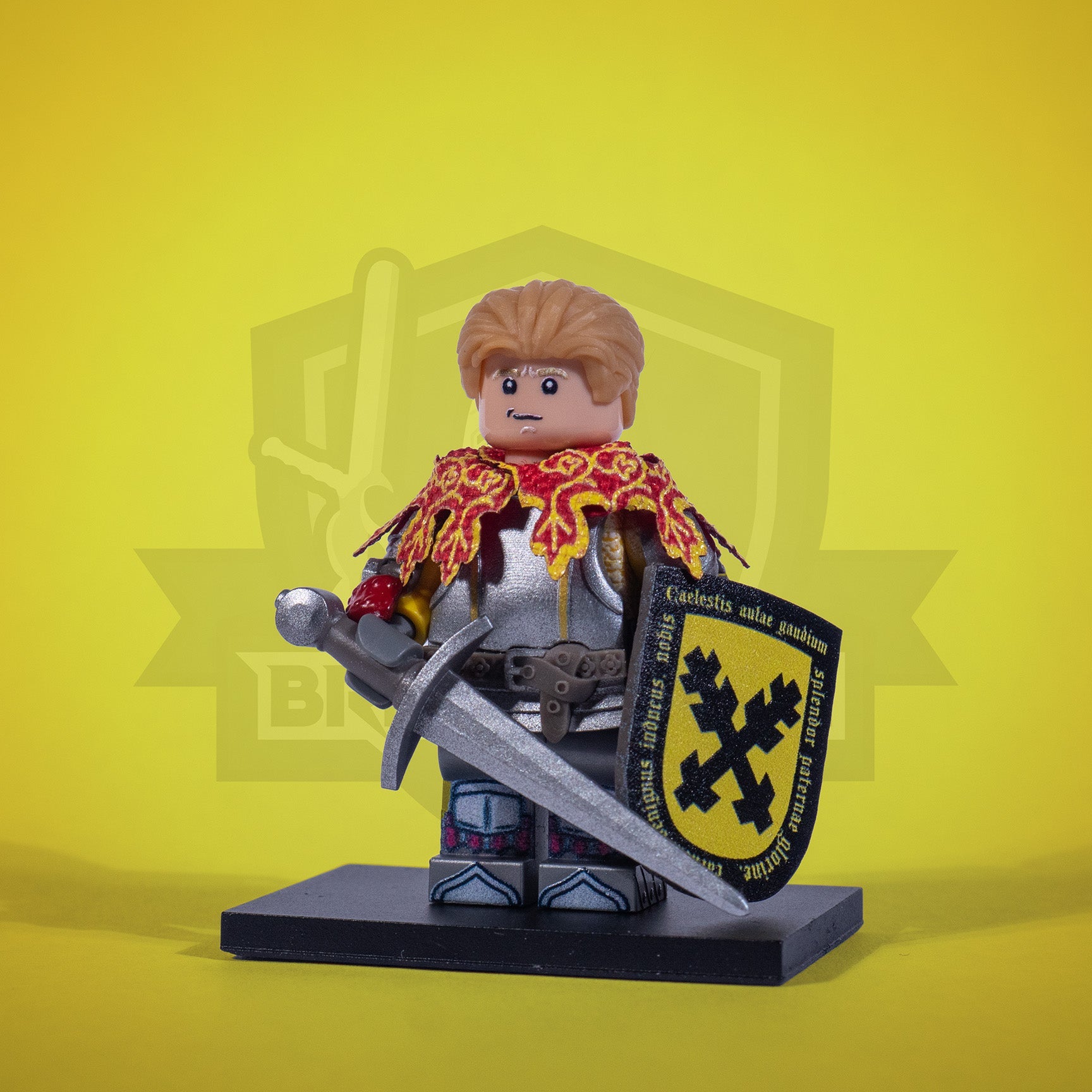 Minifigure of a Sir Capon with a shield and sword on a yellow background