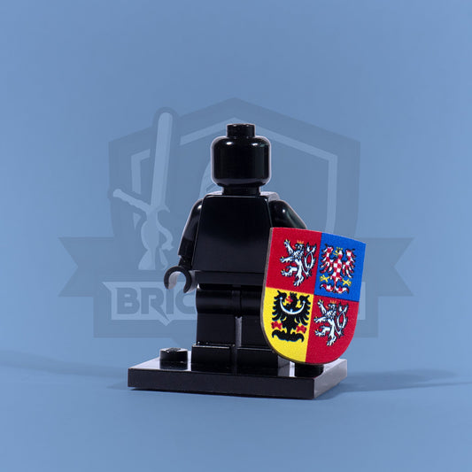 Black LEGO minifigure holding a shield with a crest on a blue background
