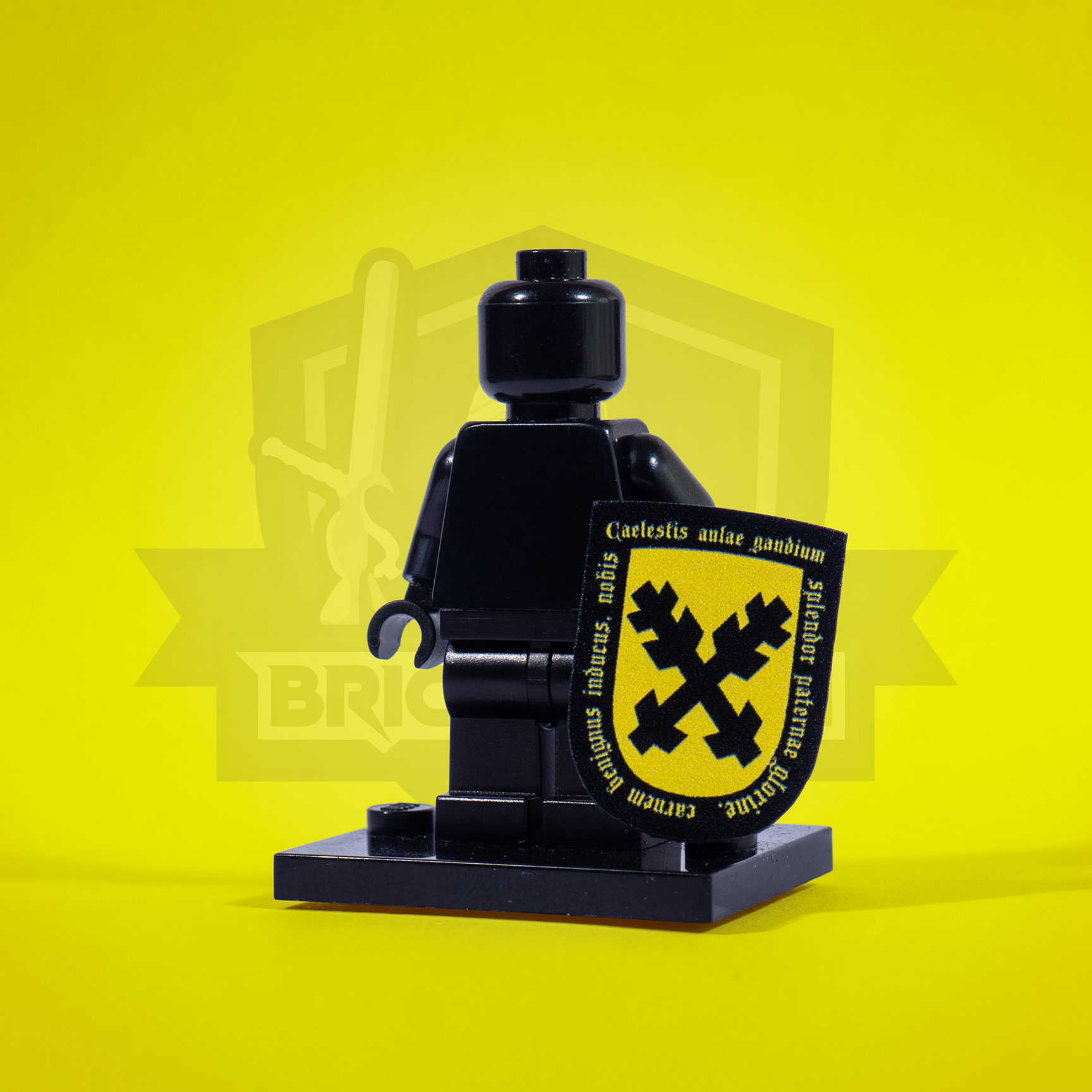 Black LEGO minifigure with a Lords of Leipa Heater Shield