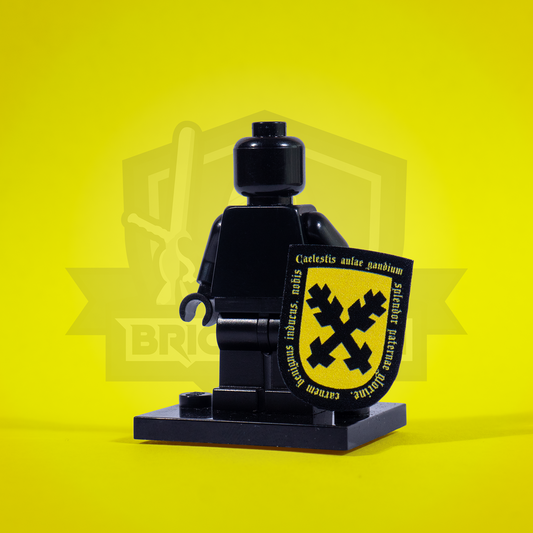Black LEGO minifigure with a Lords of Leipa Heater Shield