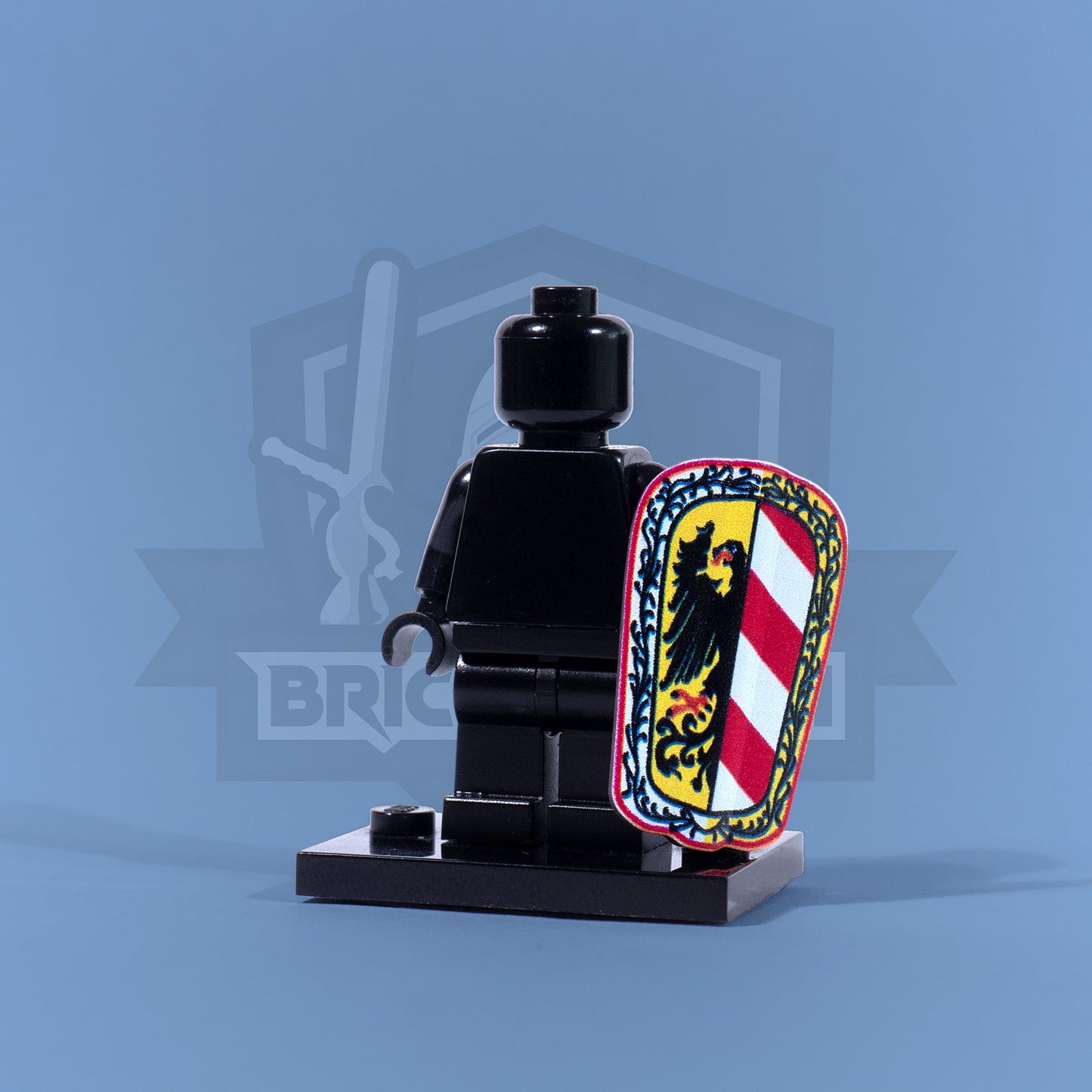 Black LEGO minifigure with a shield on a blue background