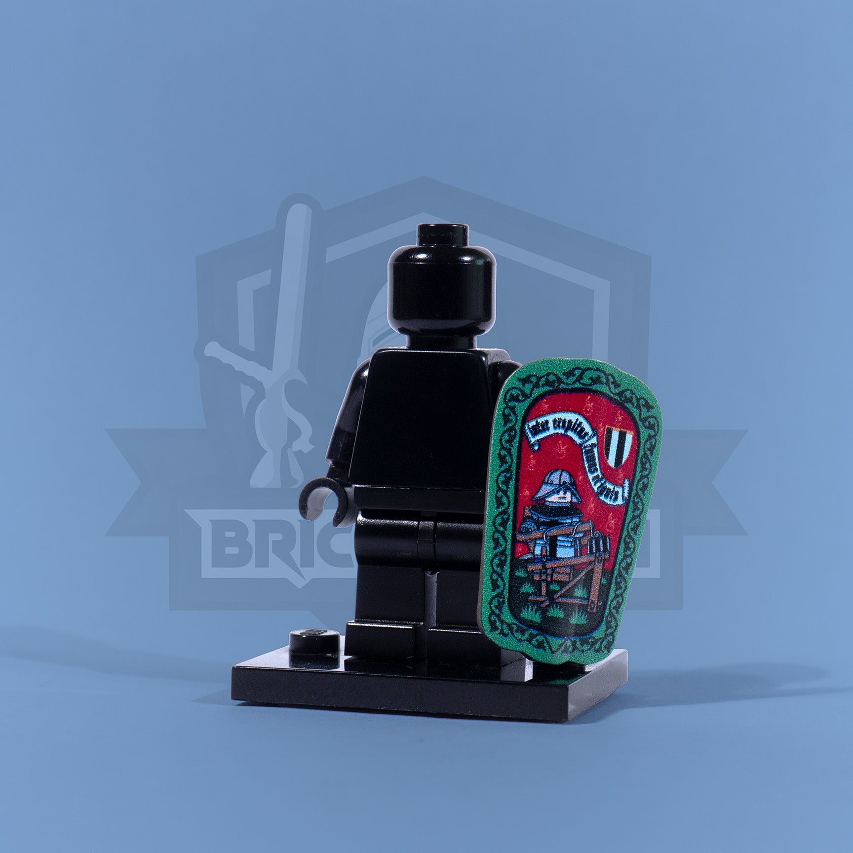 Black LEGO minifigure with a colorful patch on a blue background