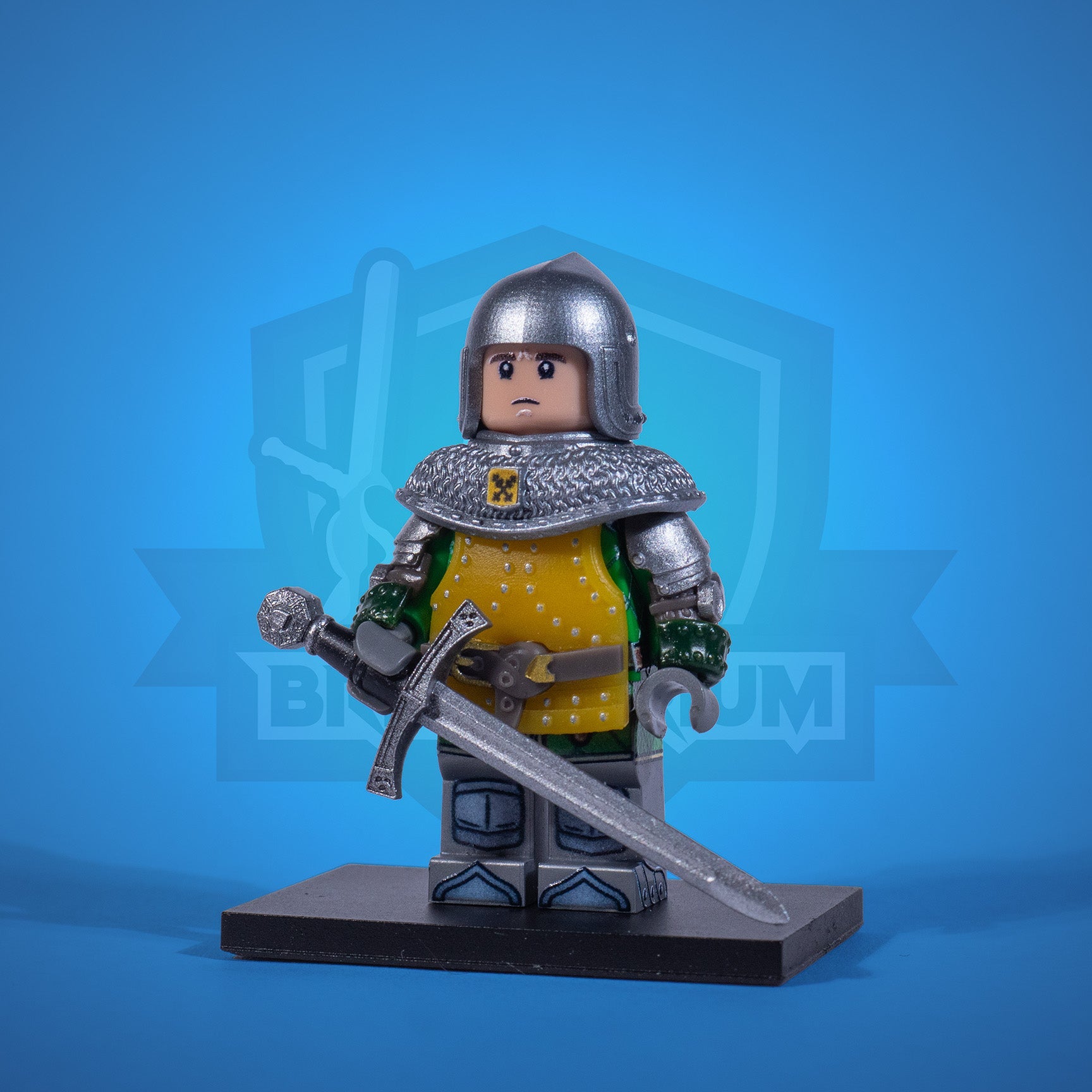 Toy figure of a knight Henry in armor with a blue background