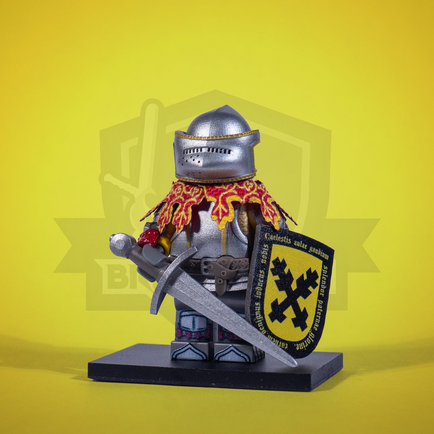 Minifigure of a Sir Capon with a shield and sword on a yellow background