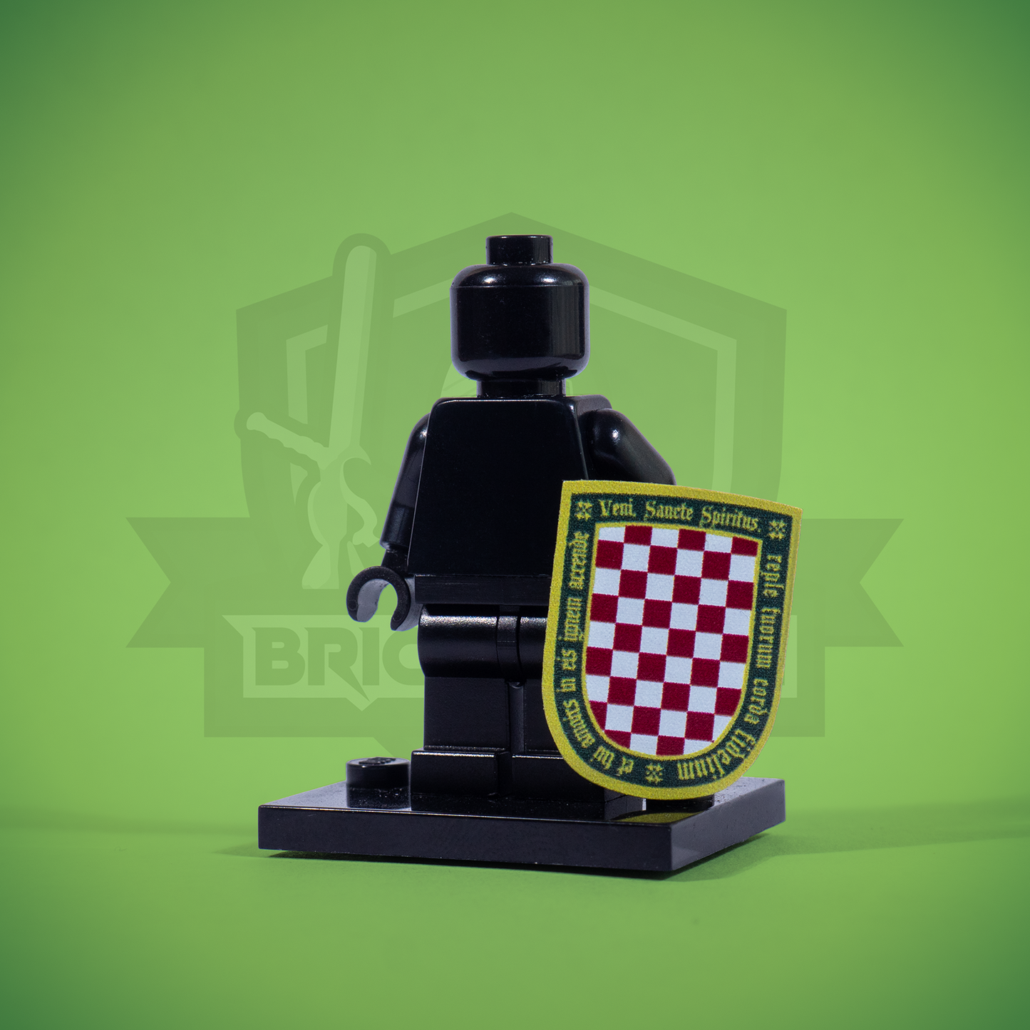 Black LEGO minifigure holding a Veni Sancte Spiritus Heater Shield