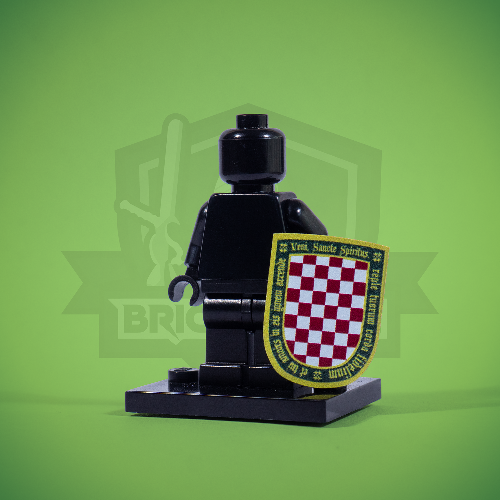 Black LEGO minifigure holding a Veni Sancte Spiritus Heater Shield