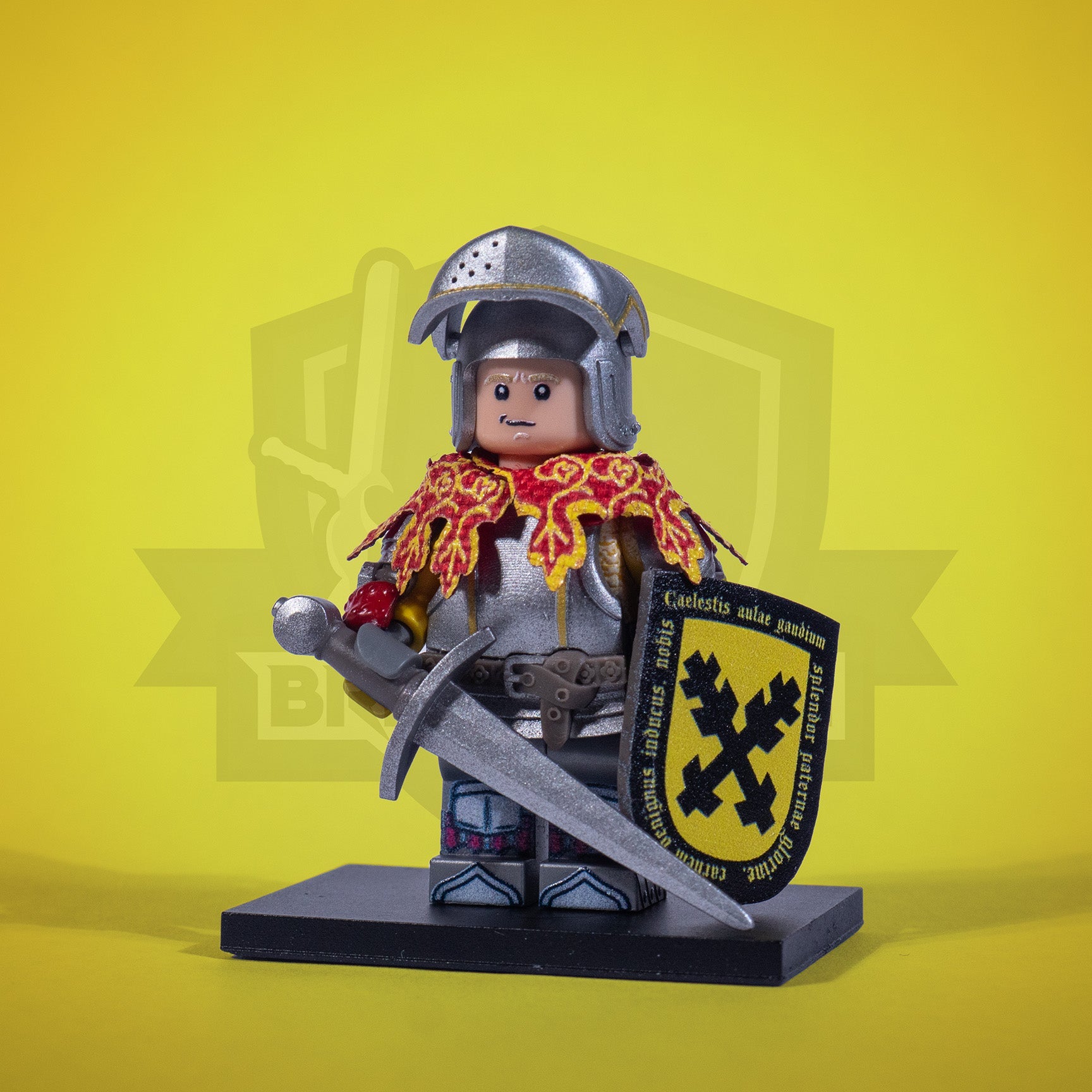 Minifigure of a Sir Capon with a shield and sword on a yellow background