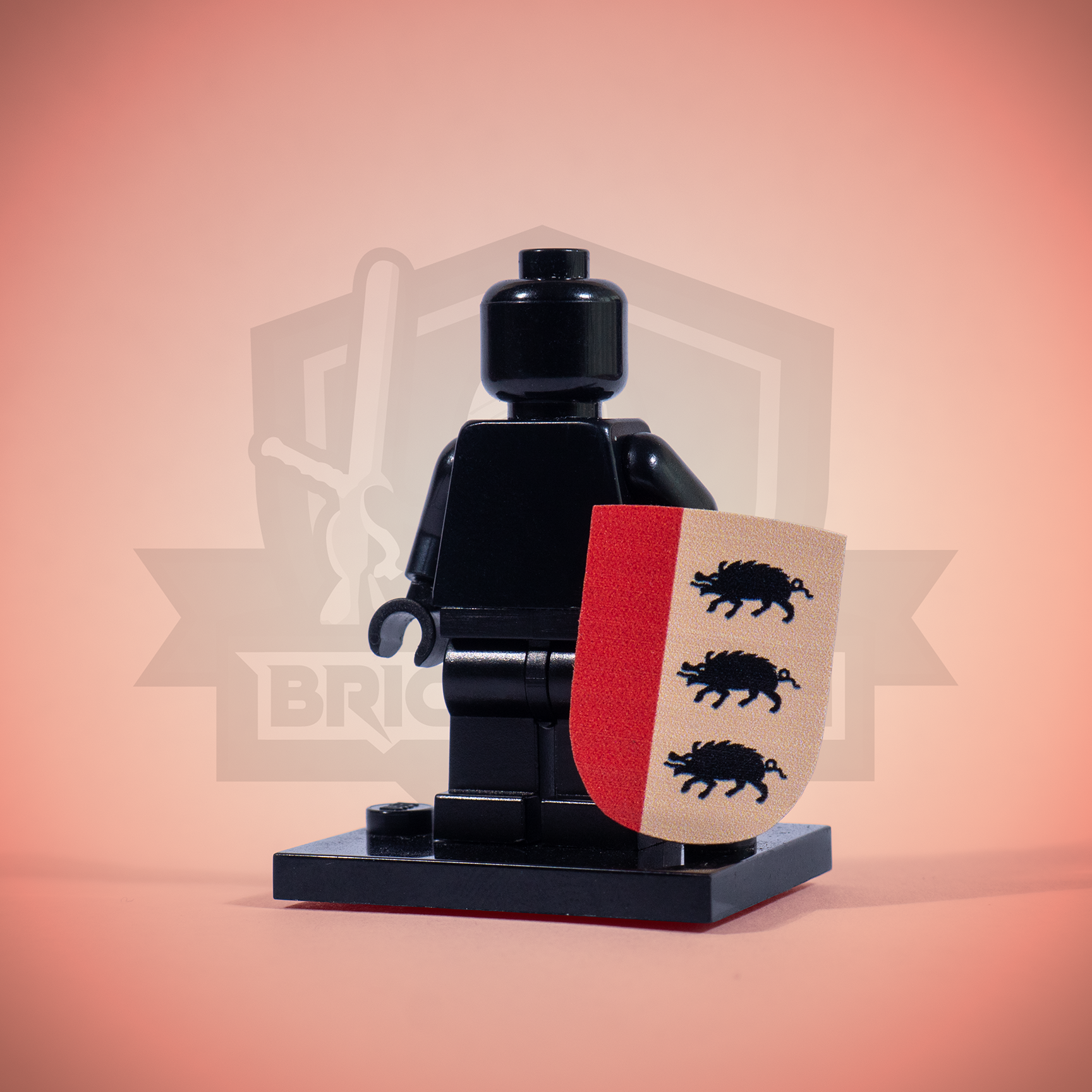 Black LEGO minifigure with an Anglo-Saxon Boar Heater shield