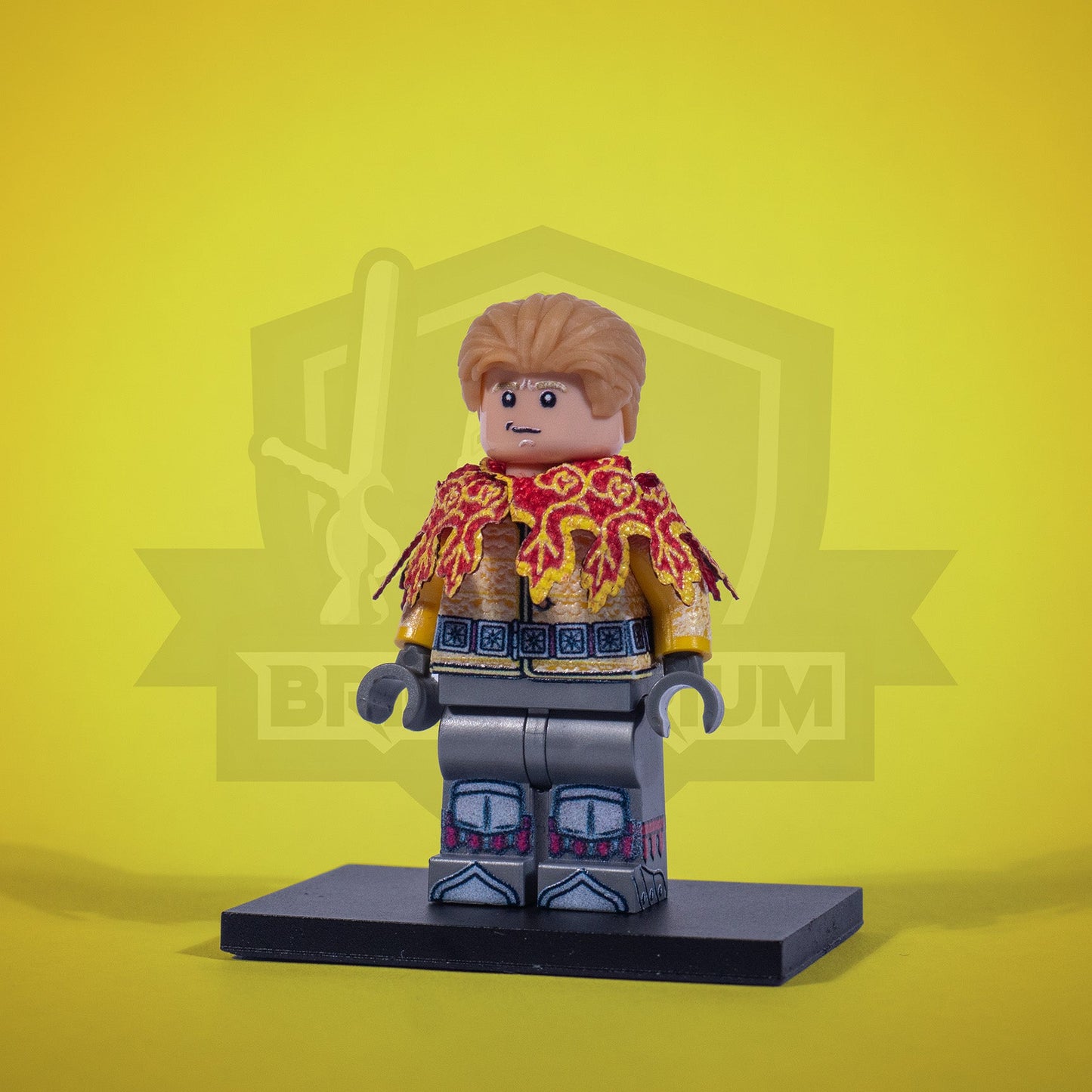 Minifigure of a Sir Capon with a shield and sword on a yellow background