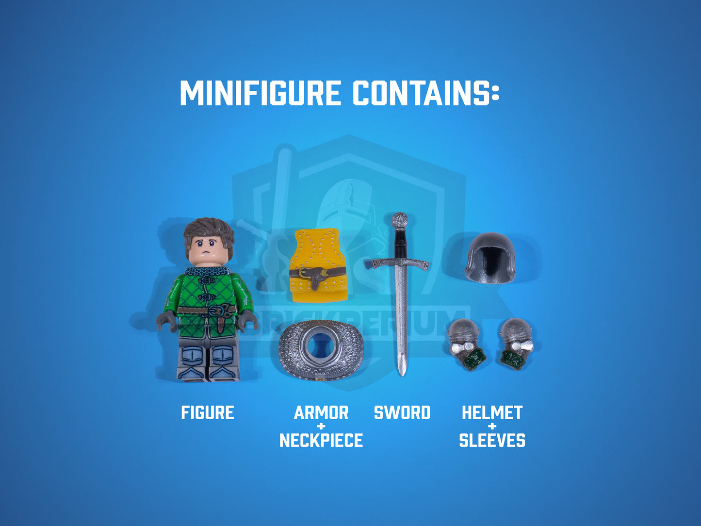 Toy minifigure Henry with accessories on a blue background