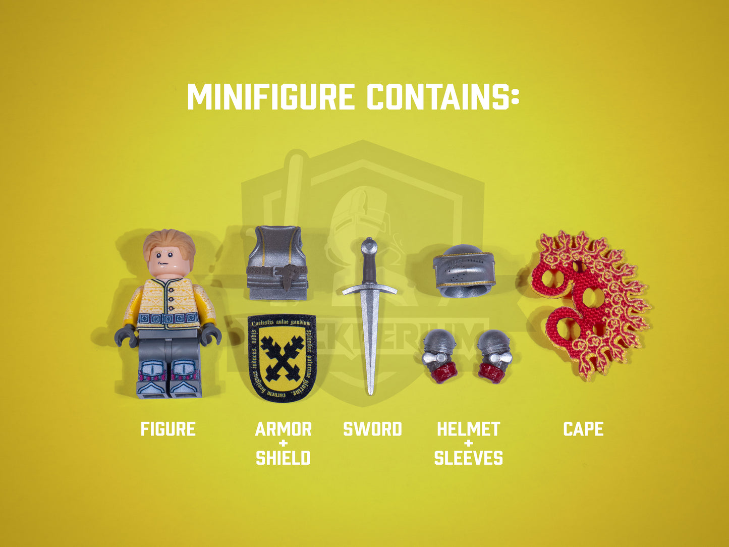 Toy minifigure with accessories on a yellow background