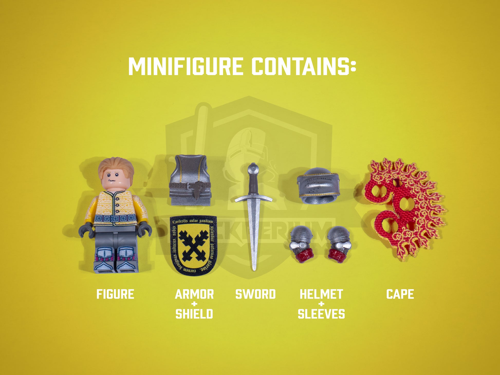 Toy minifigure with accessories on a yellow background