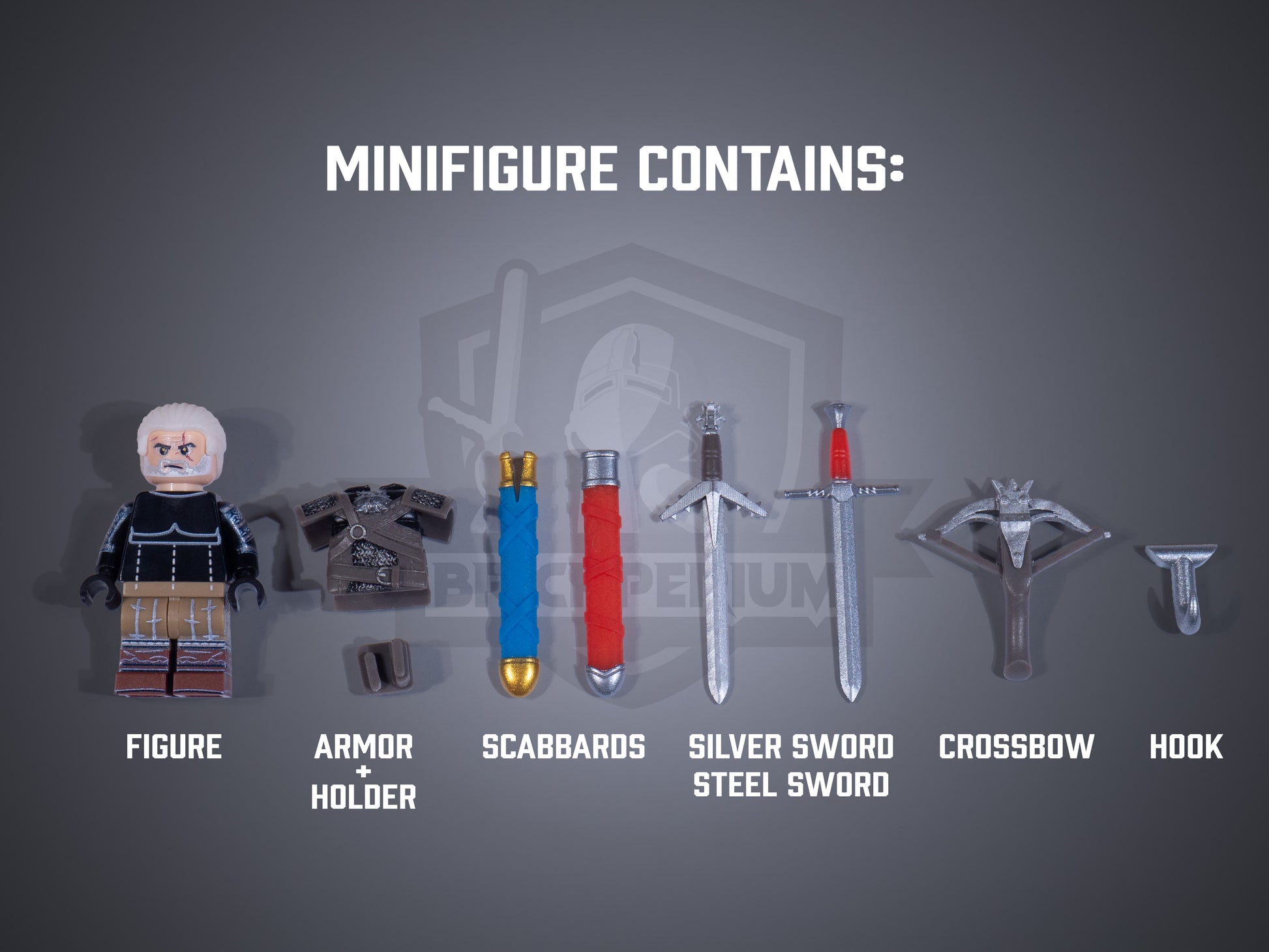 List of items included in a minifigure package on a gray background with a brand logo.